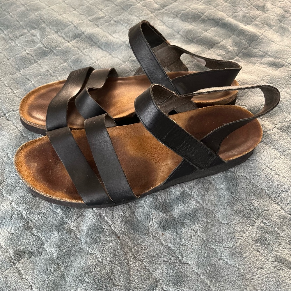 Naot Black Leather Sandals with Brown Footbed